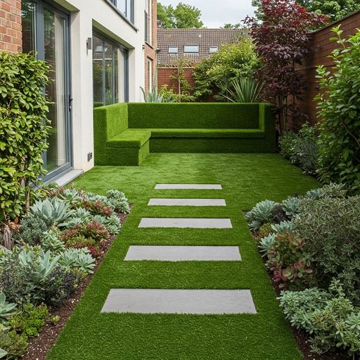 Jardín de vivienda decorado con césped artificial