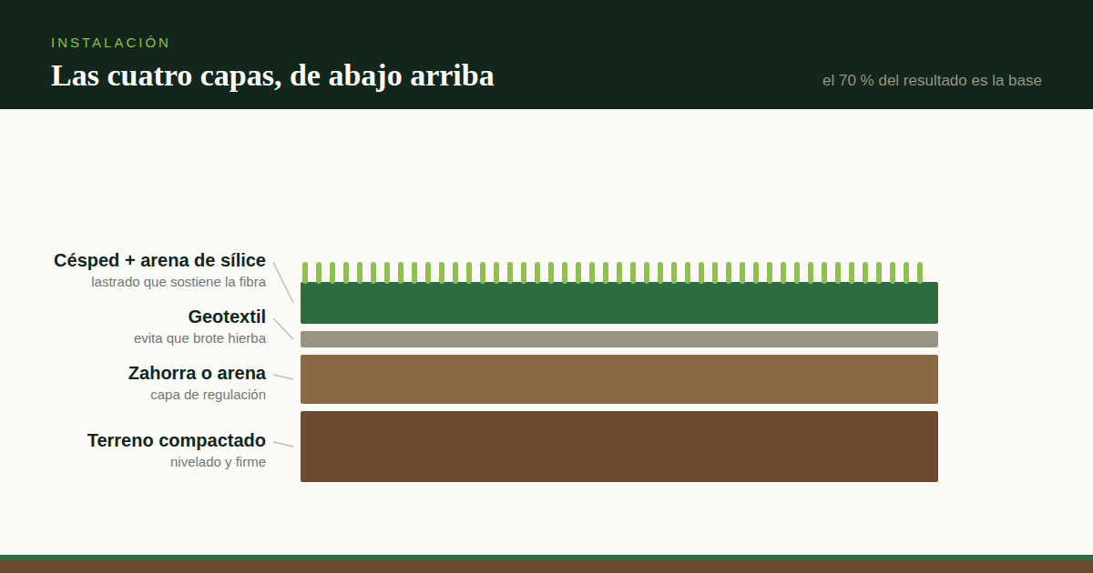 Instalación de césped artificial sobre tierra: terreno compactado, zahorra, geotextil y césped con arena