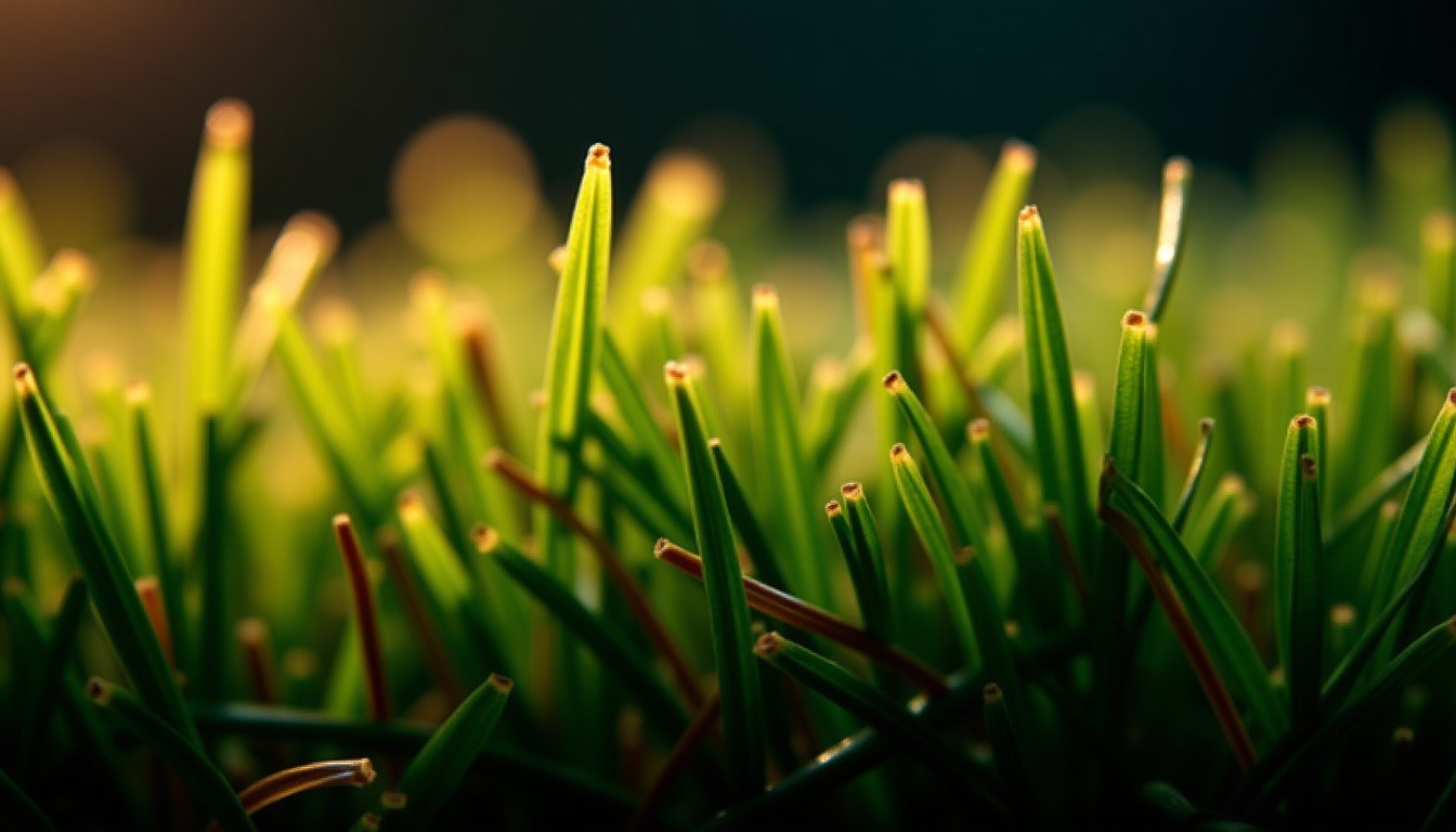 Macro de las fibras de un césped artificial a contraluz