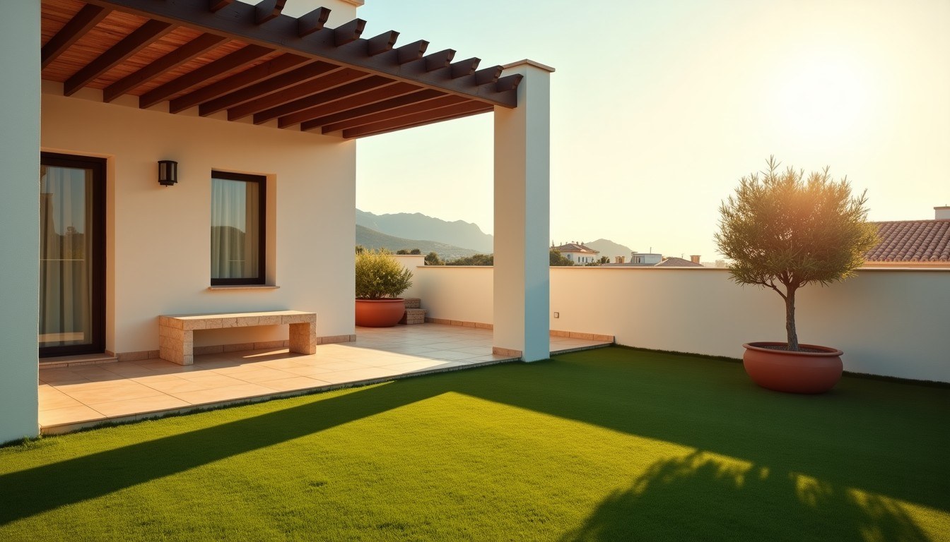 Jardín con césped artificial recién instalado al atardecer