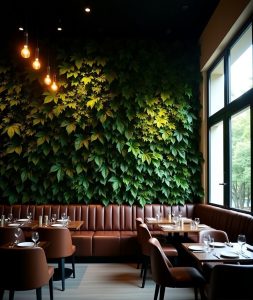 Muro vegetal artificial en el interior de un restaurante