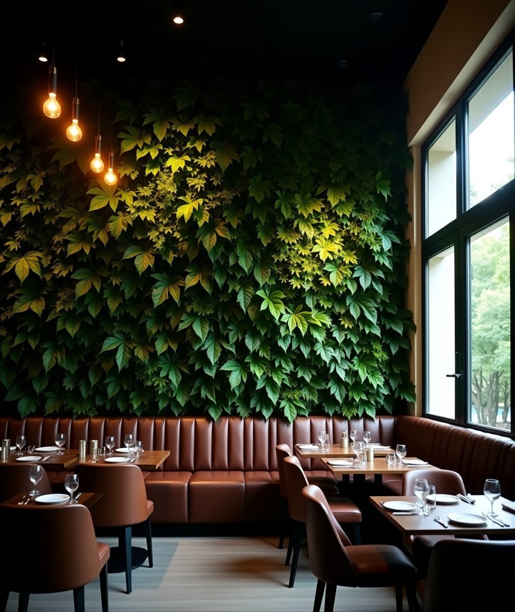 Muro verde de paneles vegetales artificiales en un local