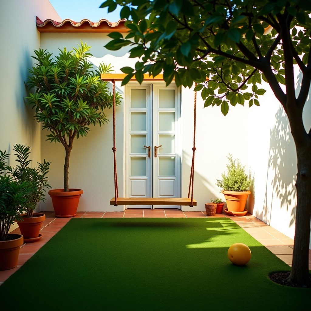Patio con césped artificial, columpio y limonero