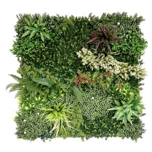 Composición de jardín vertical modular Line Atenas, pieza A, con helechos, flor crema y hoja granate sobre follaje verde