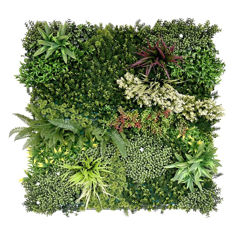 Composición de jardín vertical modular Line Atenas, pieza A, con helechos, flor crema y hoja granate sobre follaje verde