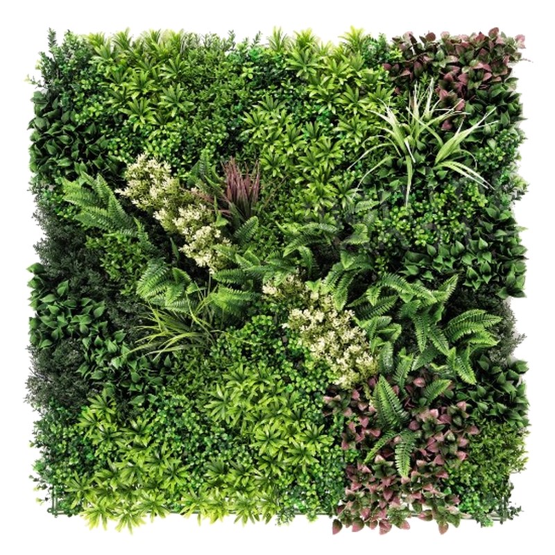 Composición vegetal de tonos cálidos Line Miami C, con flor crema, hoja granate y helechos en otro reparto