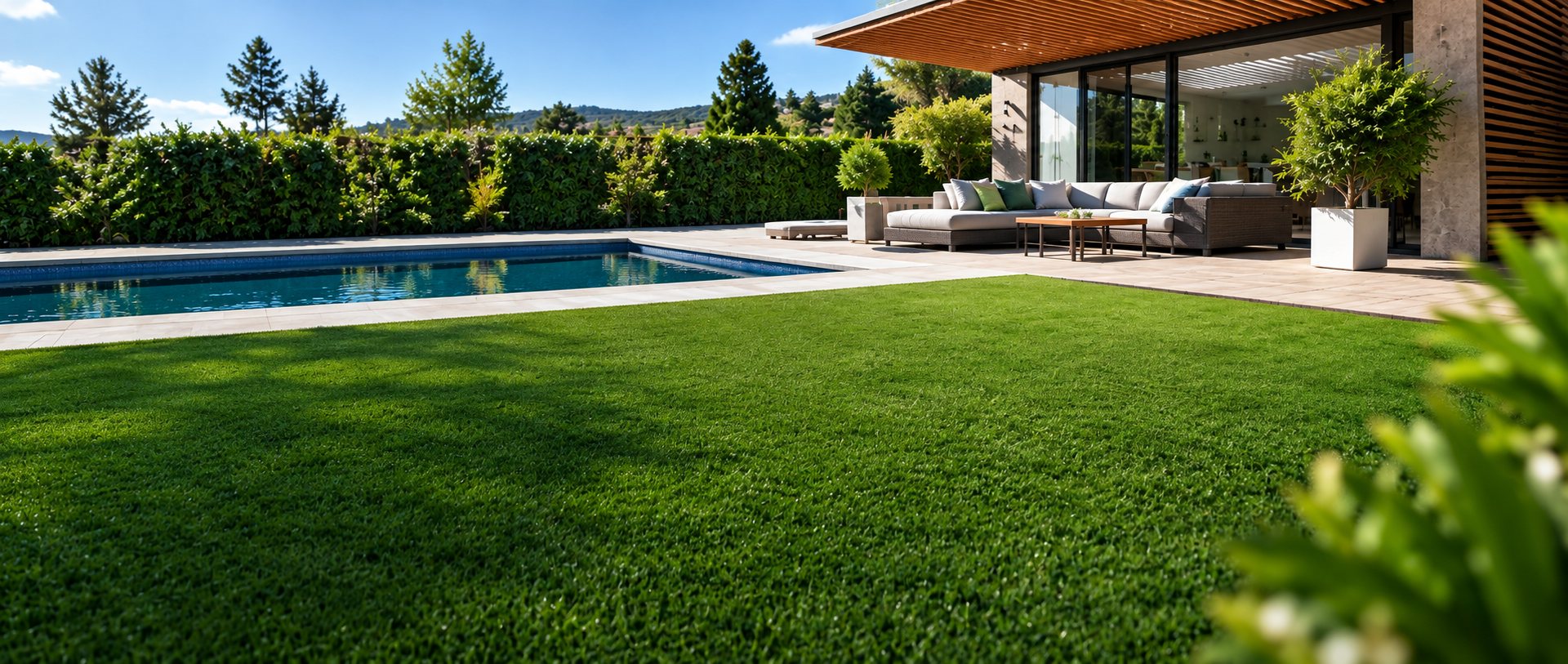 Césped artificial en un jardín moderno con piscina, seto al fondo y porche de madera con sofá exterior