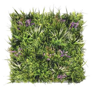 Panel de gramíneas artificiales con espiga Line Berlin, con hierbas altas y espigas malva sobre fondo verde