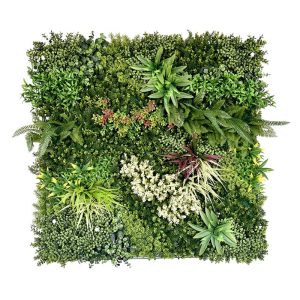 Panel vegetal combinable Line Atenas B, con follaje que rebasa los bordes y toques de flor crema y rojiza