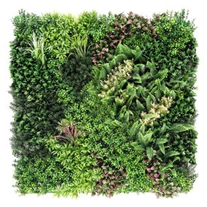 Panel vegetal con flor crema Line Miami B, con racimos de flor crema entre helechos y hoja granate