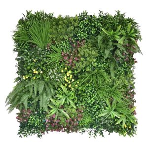 Panel vegetal con helecho y flores Line Milan, con helechos, flor pequeña amarilla y hojas granates