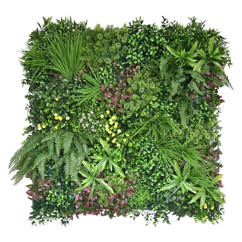 Panel vegetal con helecho y flores Line Milan, con helechos, flor pequeña amarilla y hojas granates