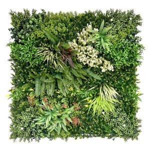 Panel vegetal para mural verde Line Atenas C, con racimos de flor crema, helechos y rosetas de hoja estrecha