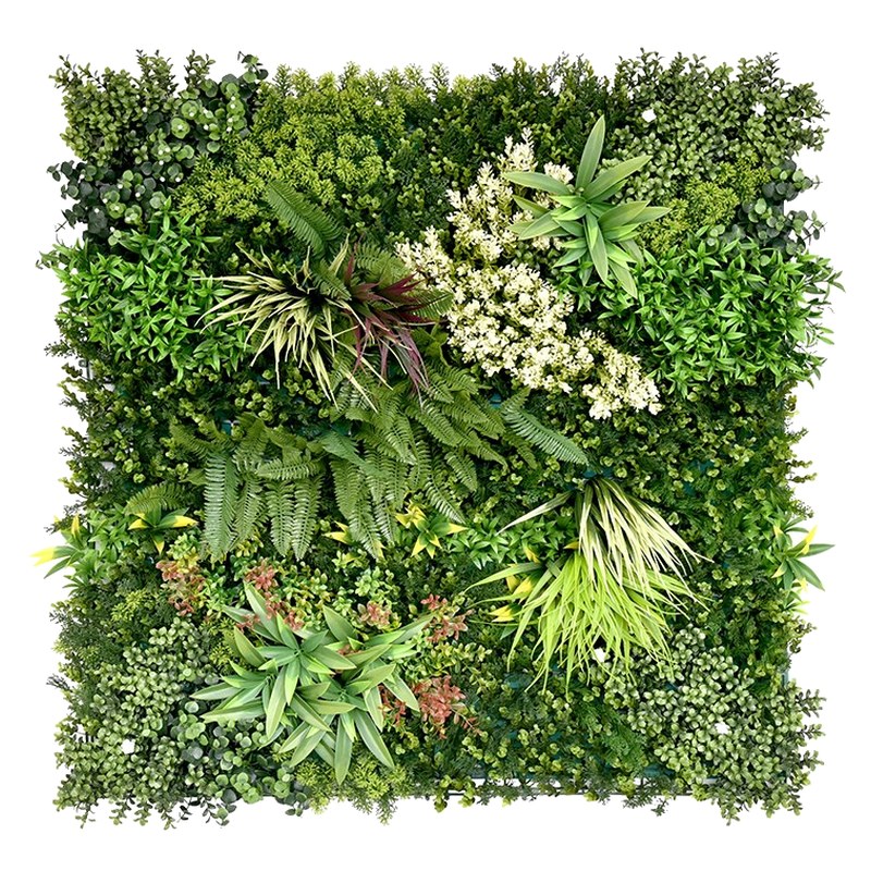 Panel vegetal para mural verde Line Atenas C, con racimos de flor crema, helechos y rosetas de hoja estrecha