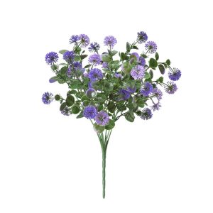 Line Florencia artificial con flores pequeñas malva y hoja verde, sobre fondo blanco, rama artificial decorativa con flor menuda